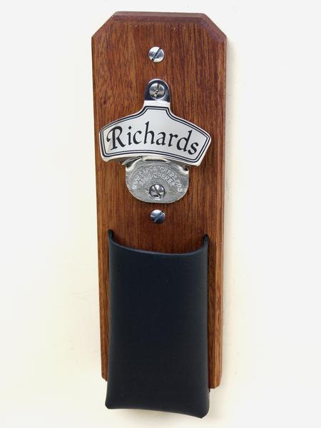 mahogany, stainless steel and leather Capcatcher Bottle Opener