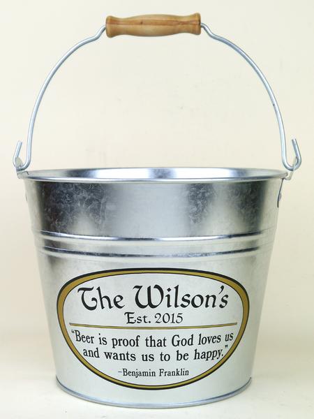 custom metal bucket with beer quote